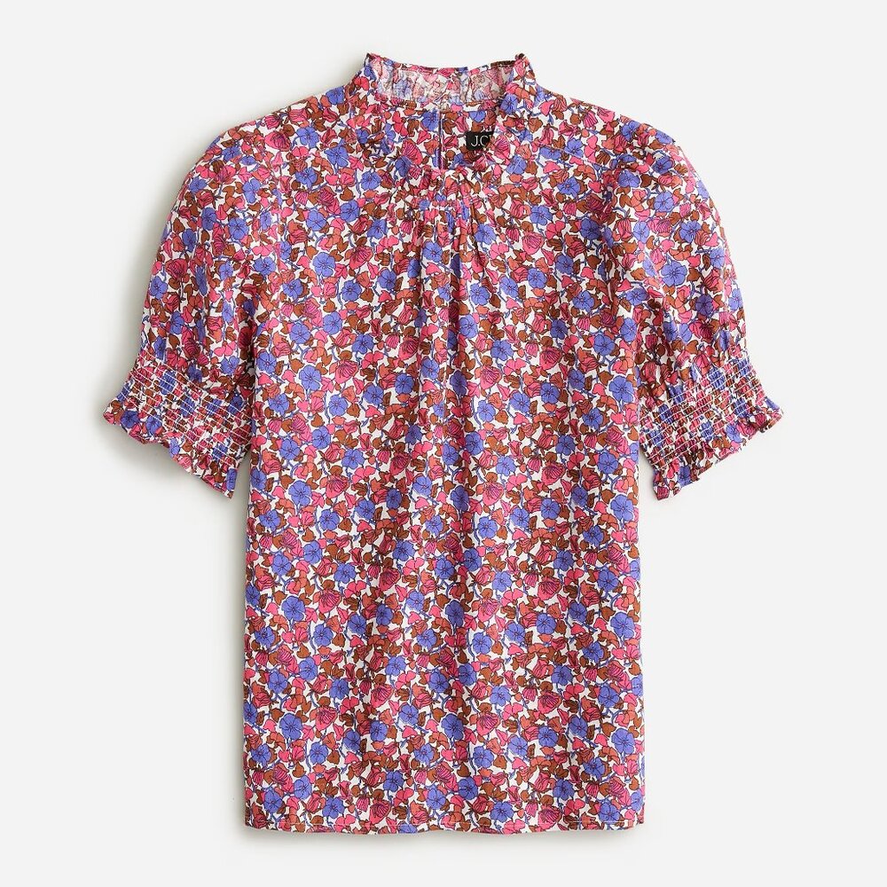 J Crew smocked linen puff-sleeve top in berry floral women's medium M BR890